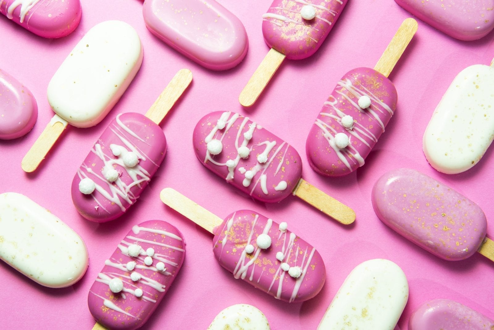 Pink Chocolate Popsicles Flat Lay Geometric Design. Modern Minimal Sweet Food Layout