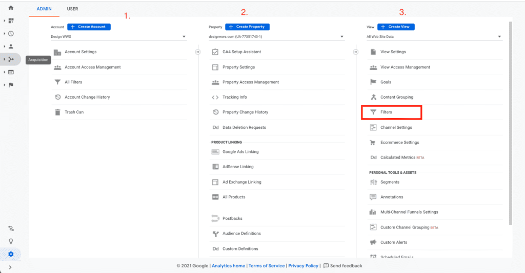 Google Analytics Admin Panel